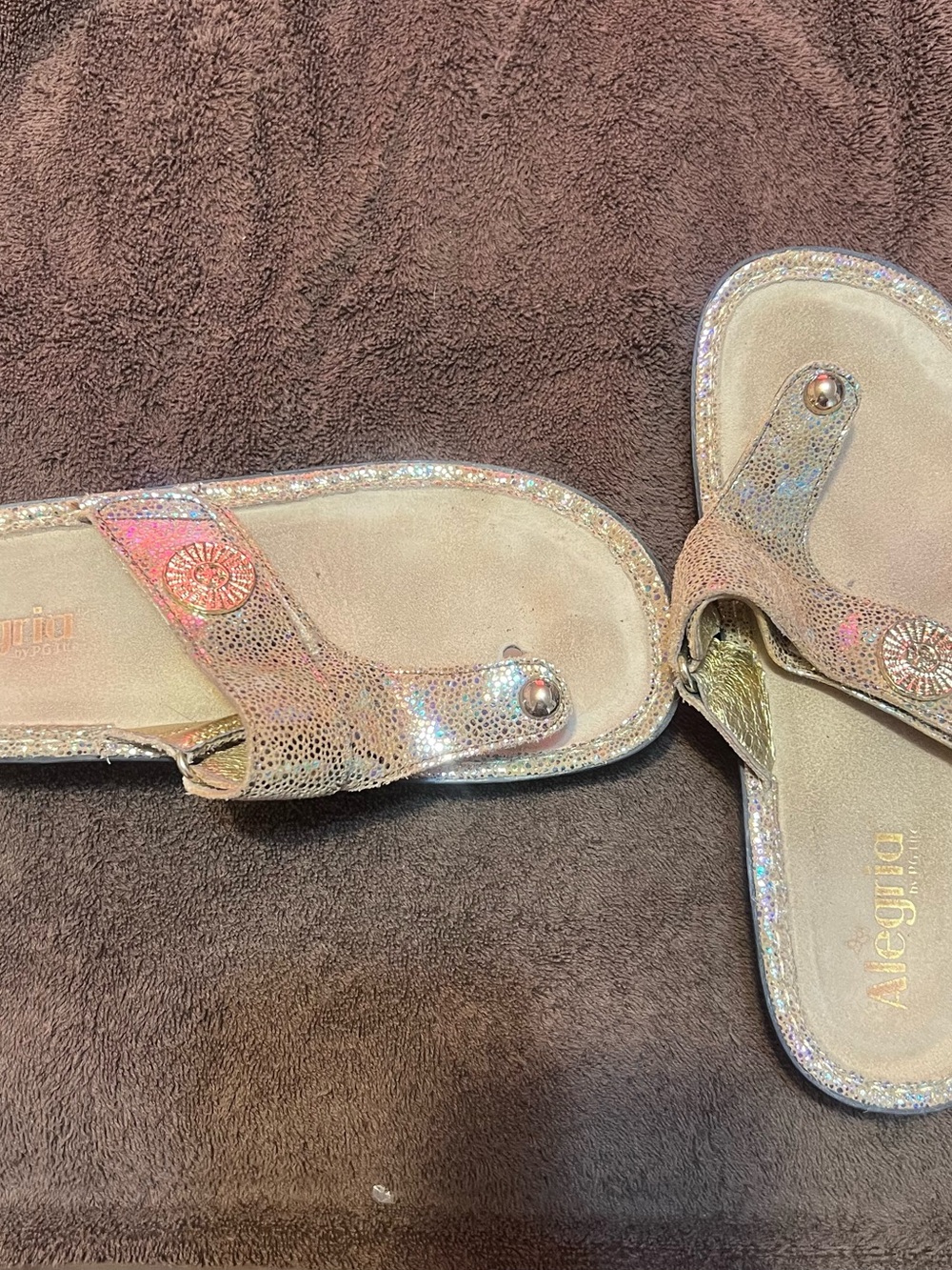 Alegria iridescent beige-gold toe-post sandals